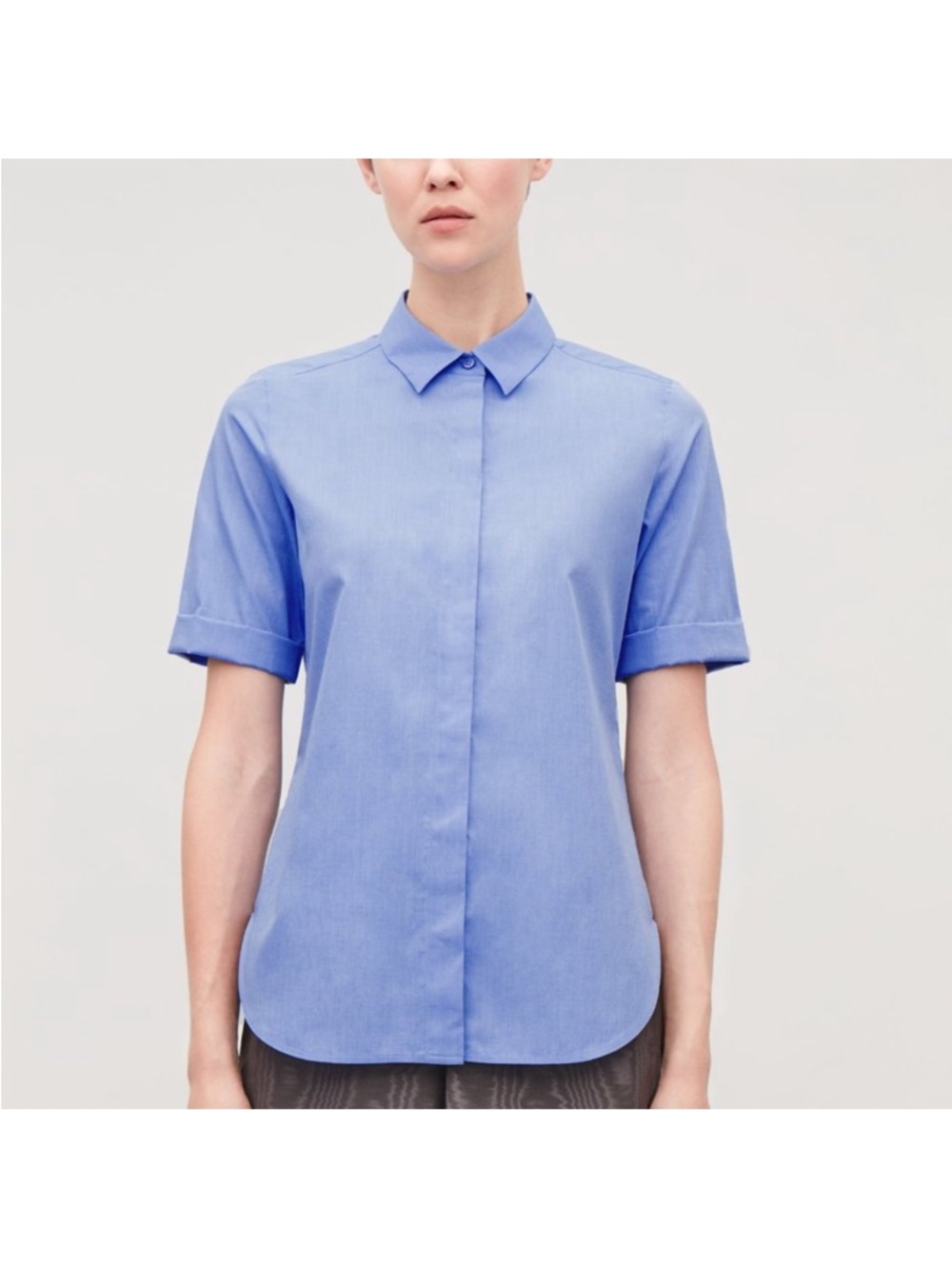 COS Poplin Hidden Button Down Short Sleeve Shirt Top US 10 blue